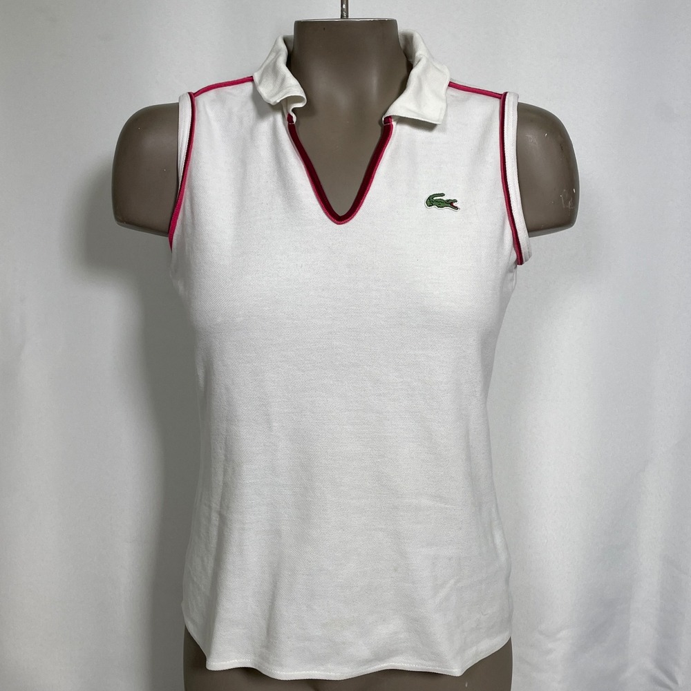 Lacoste Sport White Pink Trim Sleeveless Tennis Polo Shirt Women's Sz 38